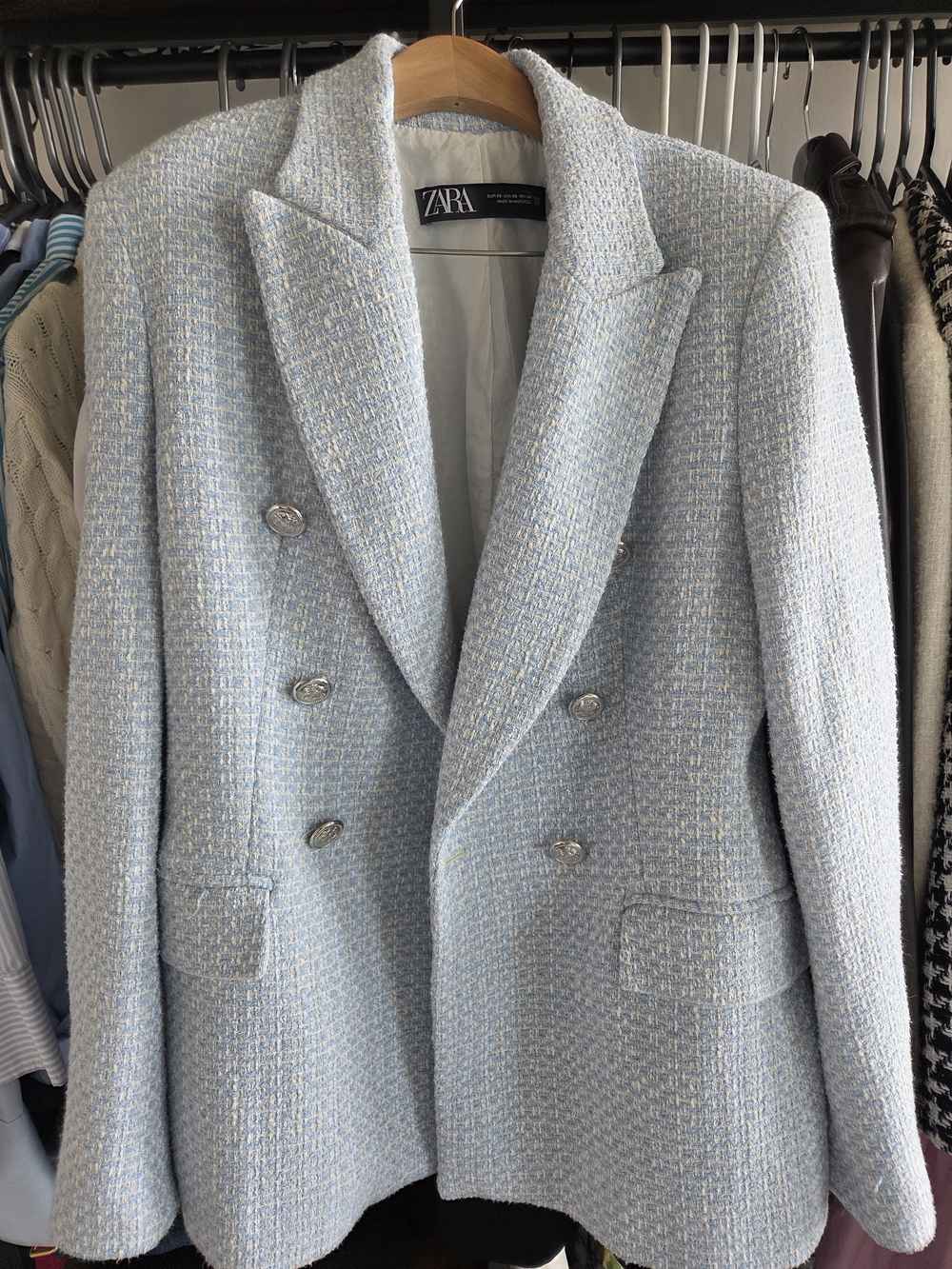 ZARA Double-Breasted Light Blue Tweed Blazer with Silver Buttons